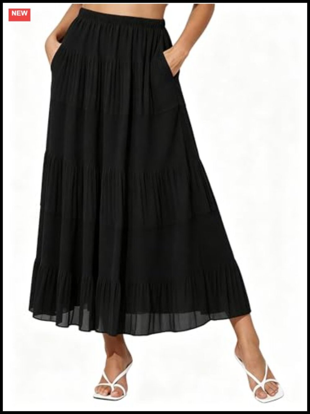 Women's Elastic High Waist Chiffon Boho Maxi Skirt with Pockets